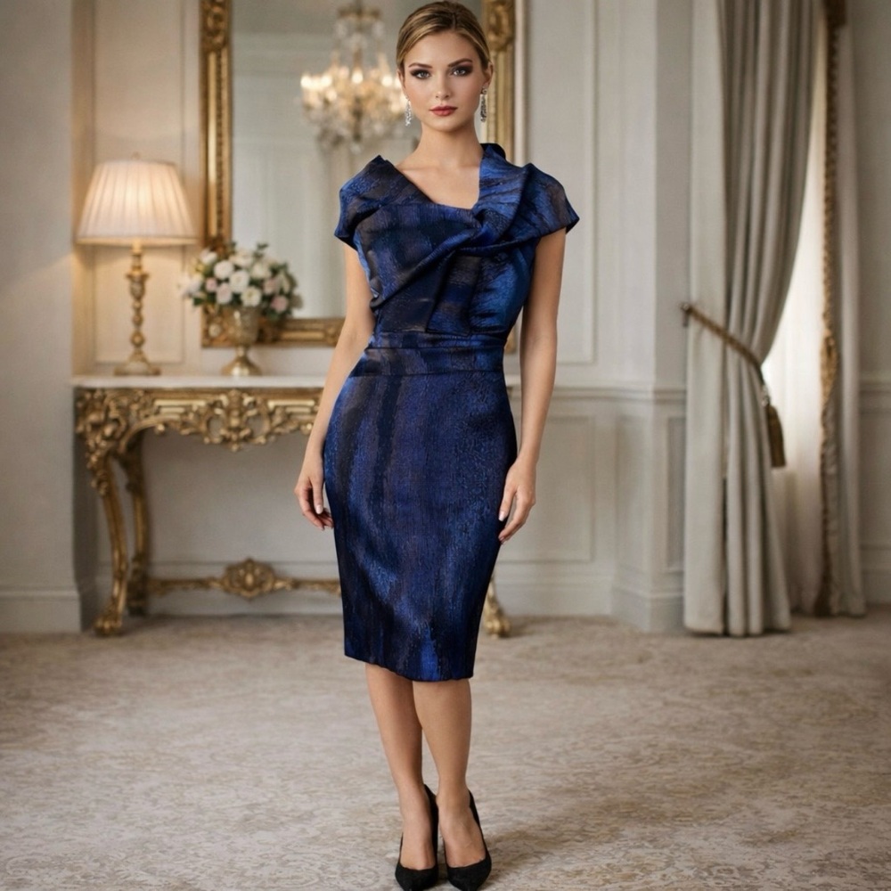 Talbot Runhof Dress Sole 1 Pleated Metallic Navy Ruched Twist Front Event Party